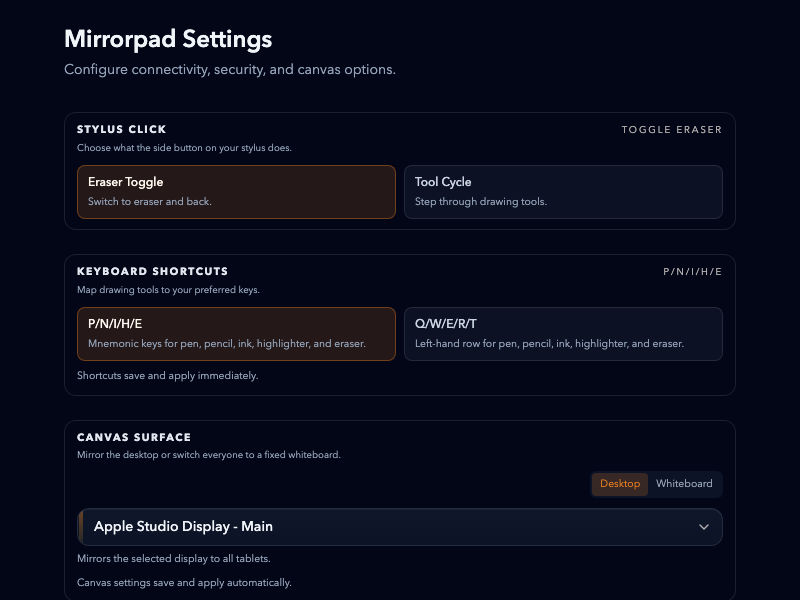 Mirrorpad Settings Window